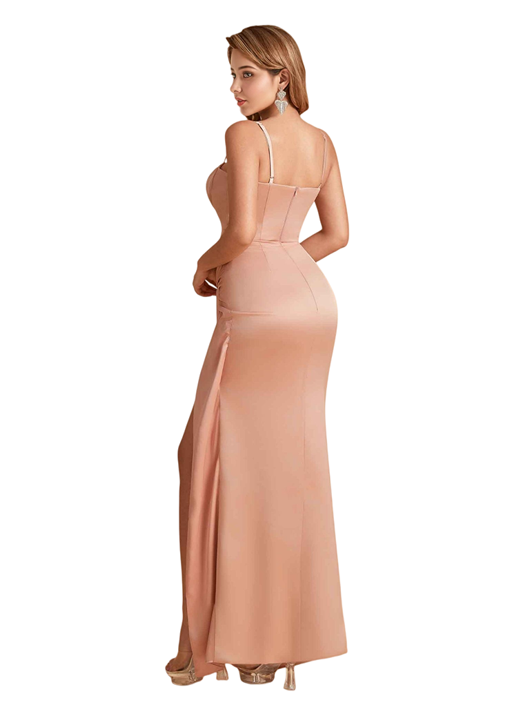 Sexy Silky Satin Spaghetti Straps Mermaid Side Slit Unique Floor Length Bridesmaid Dresses