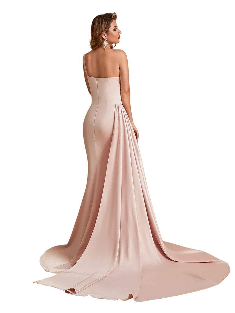 Sexy One Shoulder Soft Satin Mermaid Side Slit Pretty Long Bridesmaid Dresses Online