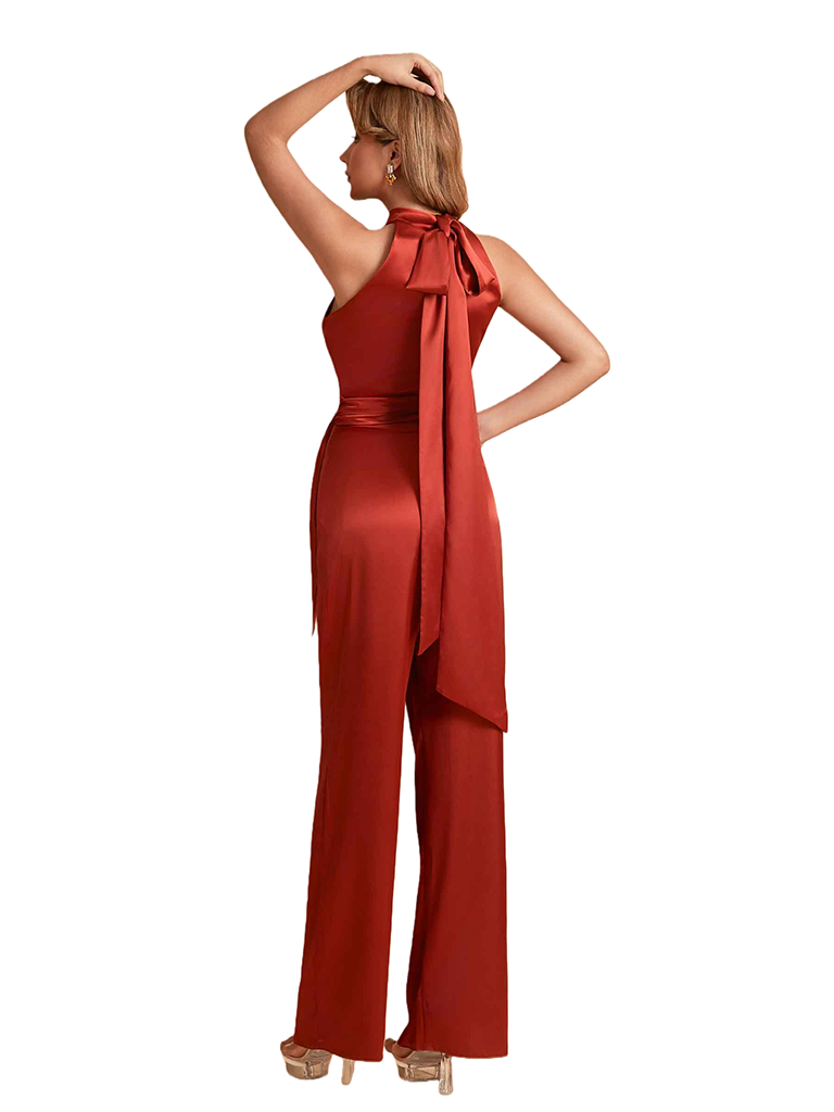 Elegant High Neck Silky Satin Long Women's Pantsuit For Bridesmaids