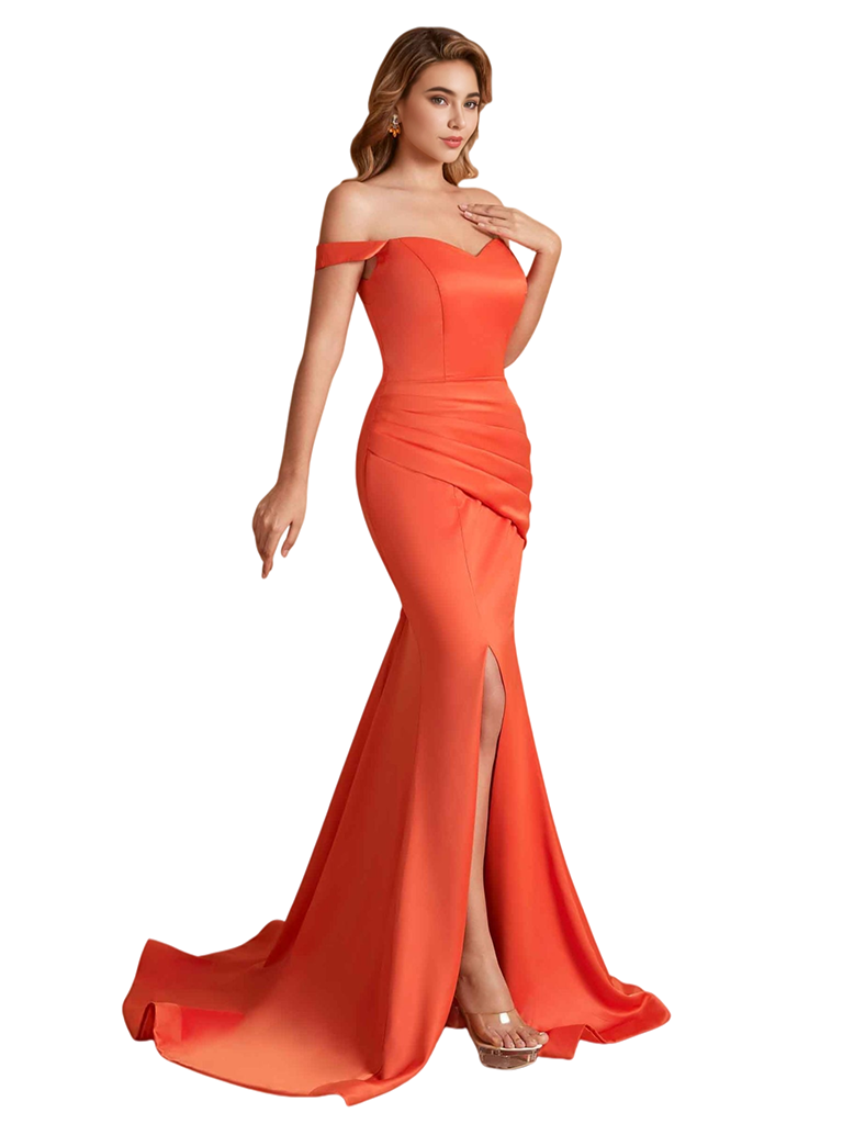 Elegant Off The Shoulder Soft Satin Mermaid Side Slit Long Bridesmaid Dresses Online