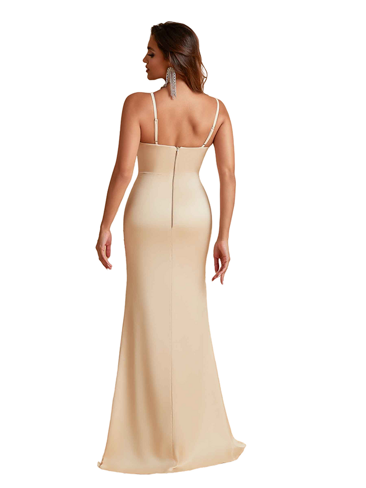 Elegant Mermaid Silky Satin Long Bridesmaid Dresses Online Spaghetti Straps Side Split