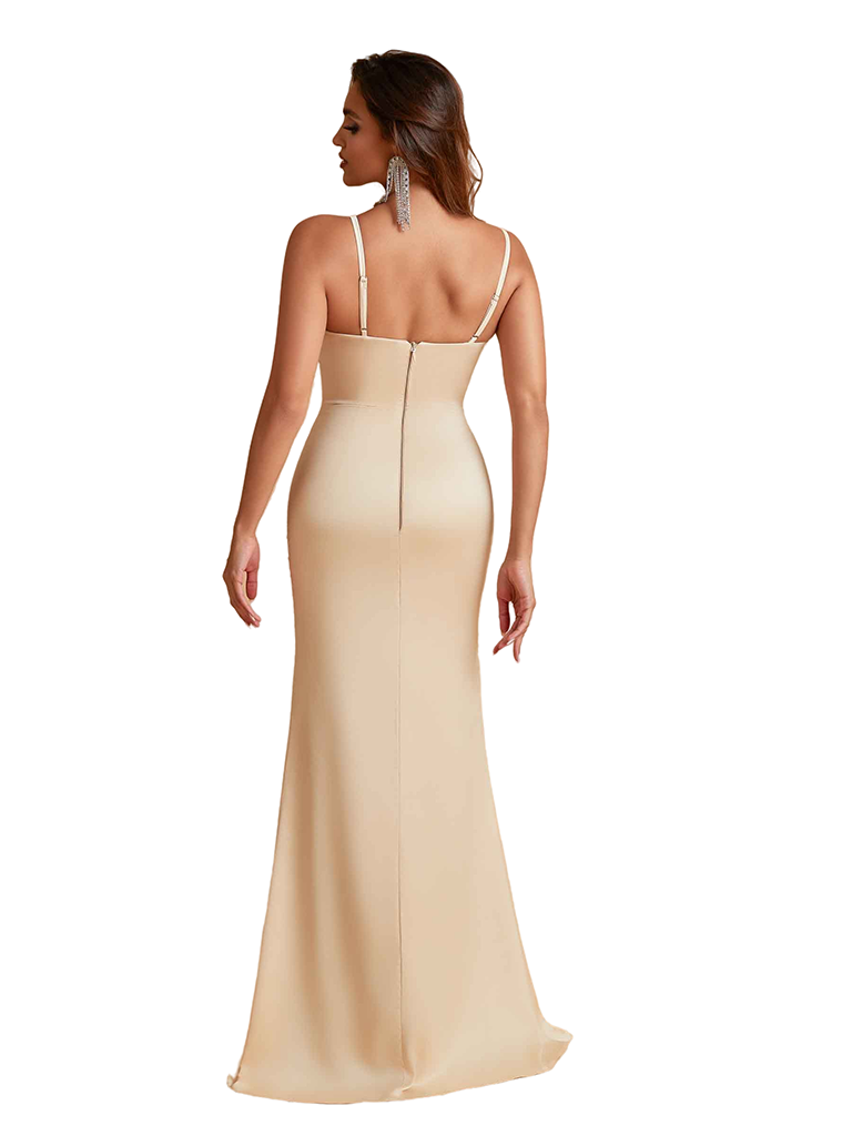 Elegant Mermaid Silky Satin Long Bridesmaid Dresses Online Spaghetti Straps Side Split