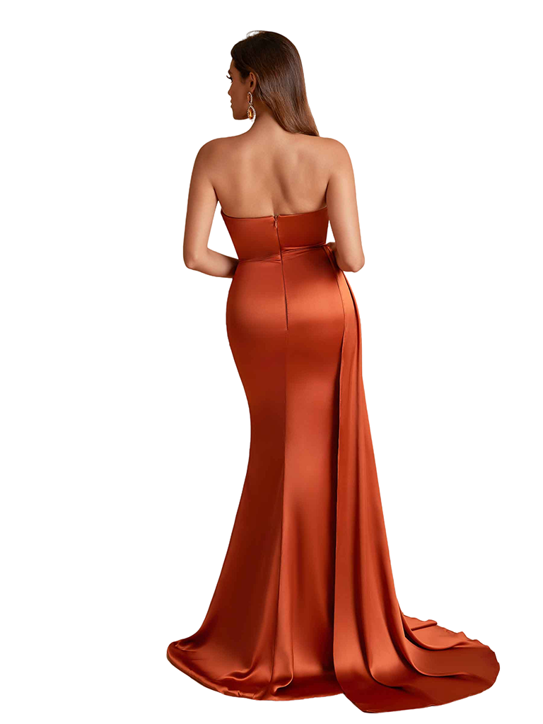 Sexy Mermaid Strapless Silky Satin Long Bridesmaid Dresses Side Slit