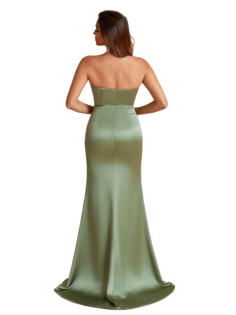 Sexy Strapless Mermaid Ruched Satin Long Bridesmaid Dresses Online Side Split