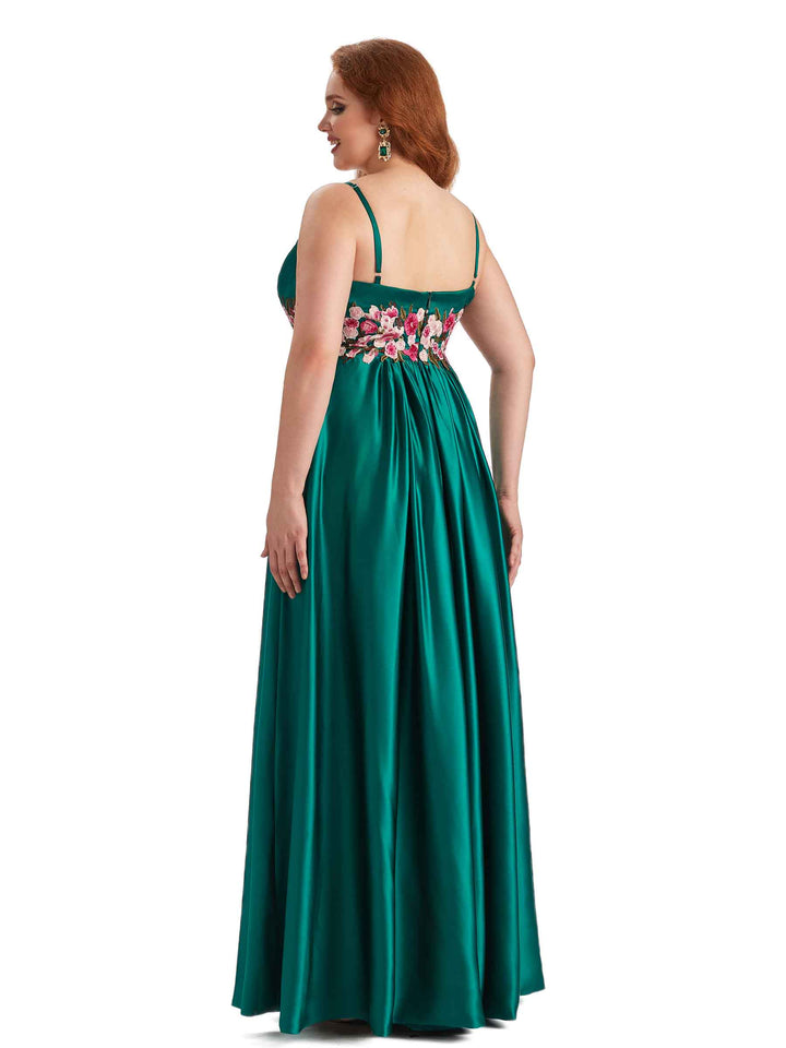 Unique Lace Spaghetti Straps Soft Satin Long Plus Size Bridesmaid Dress For Wedding