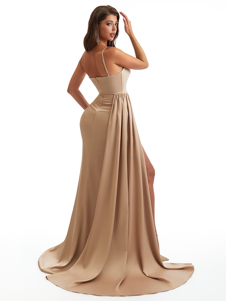 Mermaid Satin Maxi Formal Dresses For Women Online Sexy Spaghetti Straps Side Slit