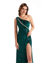 Sexy One Shoulder Side Slit Mermaid Floral Velvet See Through Long Bridesmaid Dresses
