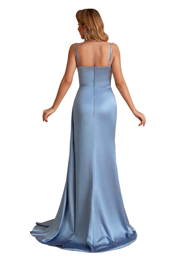 Unique Soft Satin Spaghetti Straps Mermaid Side Slit Long Bridesmaid Dresses Online