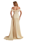 Elegant Silky Satin Off The Shoulder Lace Mermaid Side Slit Long Bridesmaid Dresses Online