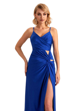 Sexy Spaghetti Straps Pleats Side Slit Stretchy Jersey Long Formal Bridesmaid Dresses