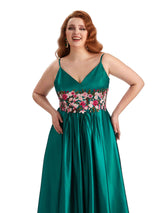 Unique Lace Spaghetti Straps Soft Satin Long Plus Size Bridesmaid Dress For Wedding
