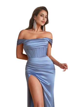 Elegant Off The Shoulder Mermaid Silky Satin Unique Long Bridesmaid Dresses Side Slit