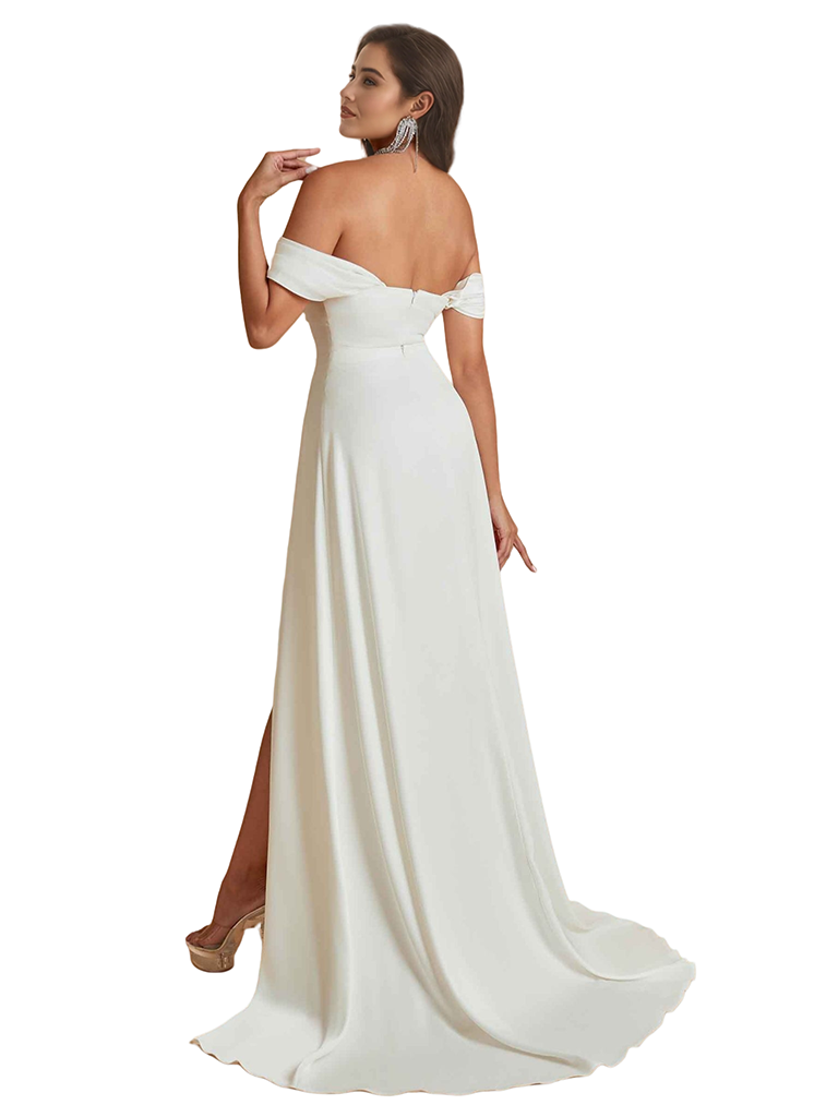 Unique Elegant Off The Shoulder Mermaid Silky Satin Long Bridesmaid Dresses Side Split