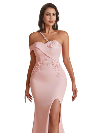 Elegant One Shoulder Mermaid Handmade Flower Satin Long Bridesmaid Dresses Side Split