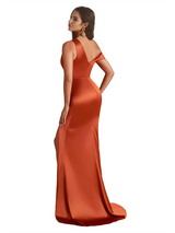 Unique V Neck Mermaid Silky Satin Long Bridesmaid Dresses Online Side Slit