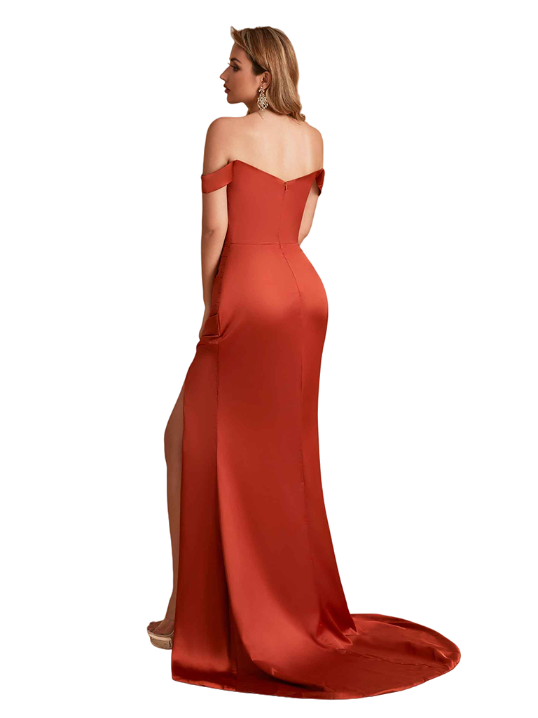 Sexy Soft Satin Off Shoulder Mermaid Side Slit Unique Long Bridesmaid Dresses