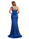 Sexy One Shoulder Silky Satin Mermaid Pleated Side Slit Long Bridesmaid Dresses Online