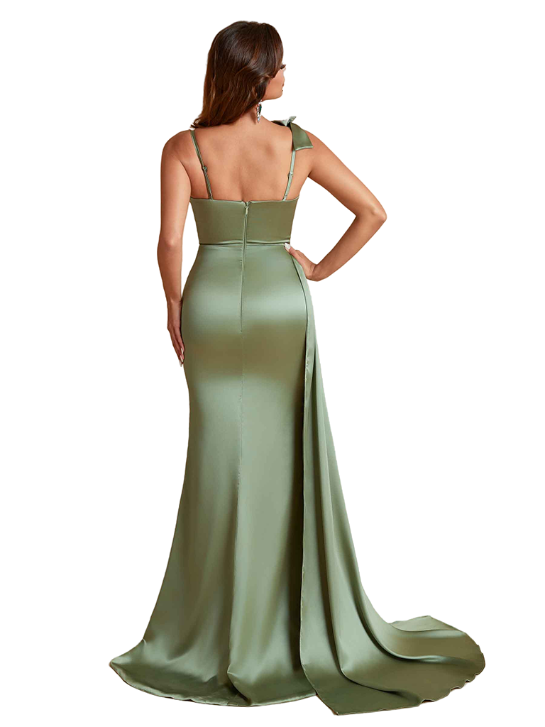 Elegant Mermaid Unique Satin Side Slit Long Bridesmaid Dresses Spaghetti Strap
