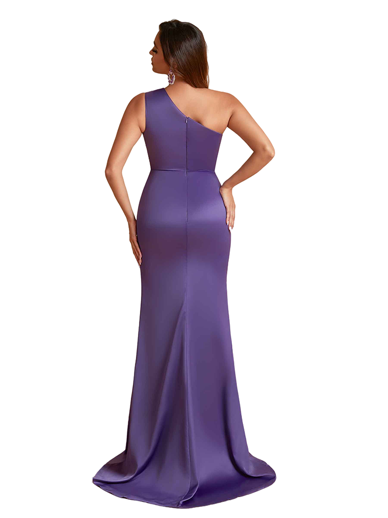 Sexy One Shoulder Mermaid Ruched Satin Unique Long Bridesmaid Dresses Side Split
