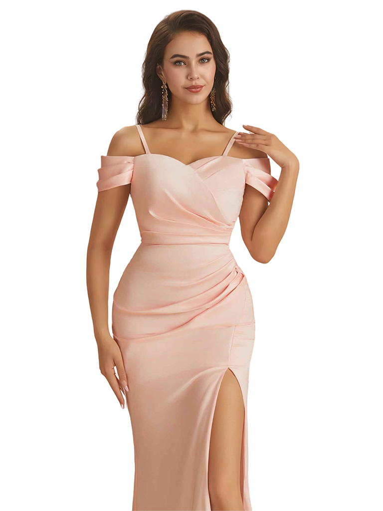 Elegant Cold Shoulder Mermaid Silky Satin Unique Long Bridesmaid Dresses Side Slit