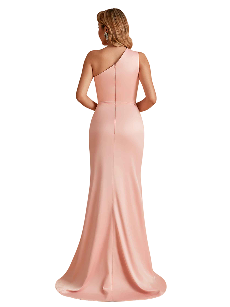 Unique One Shoulder Mermaid Side Slit Soft Satin Long Bridesmaid Dresses Online
