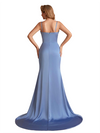 Sexy Silky Satin Deep V-Neck Spaghetti Straps Mermaid Side Slit Ruched Long Bridesmaid Dresses