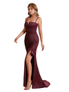 Unique Silky Satin Spaghetti Straps Mermaid Side Slit Ruched Long Bridesmaid Dresses