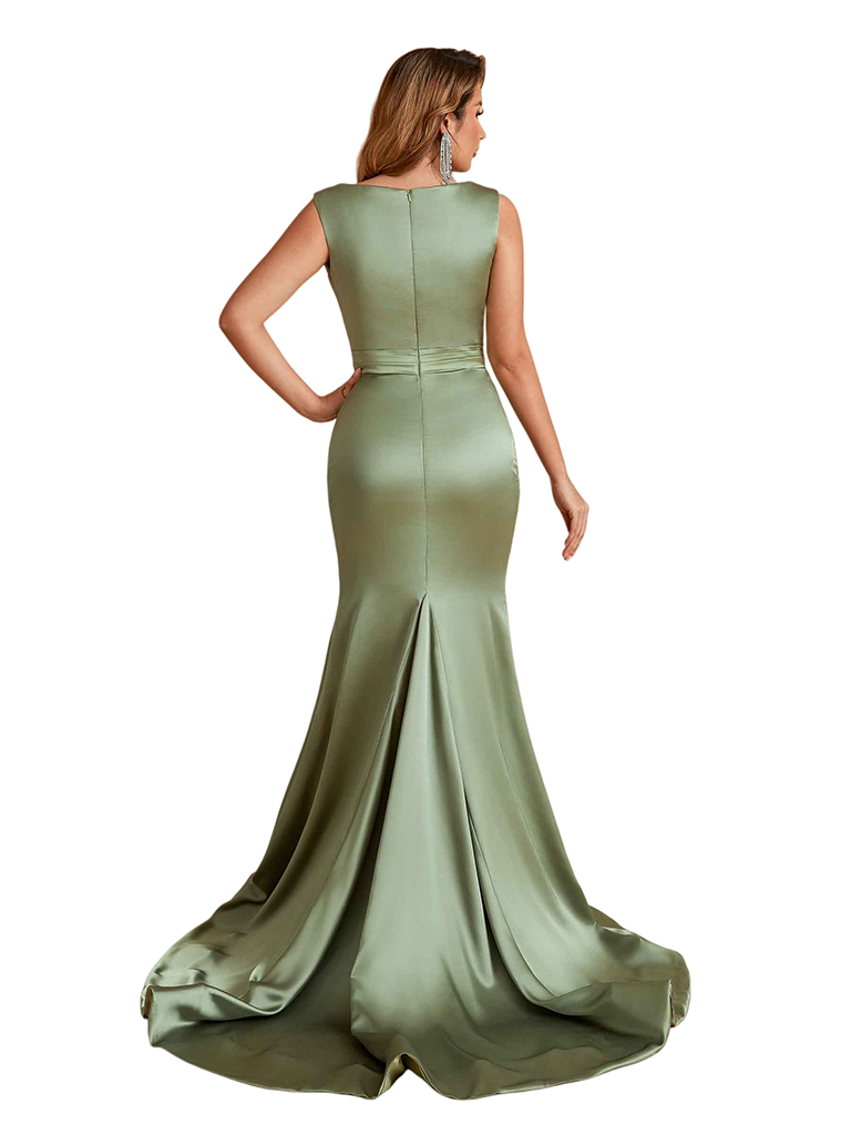 Elegant Silky Satin Bateau Simple Mermaid Pretty Long Bridesmaid Dresses