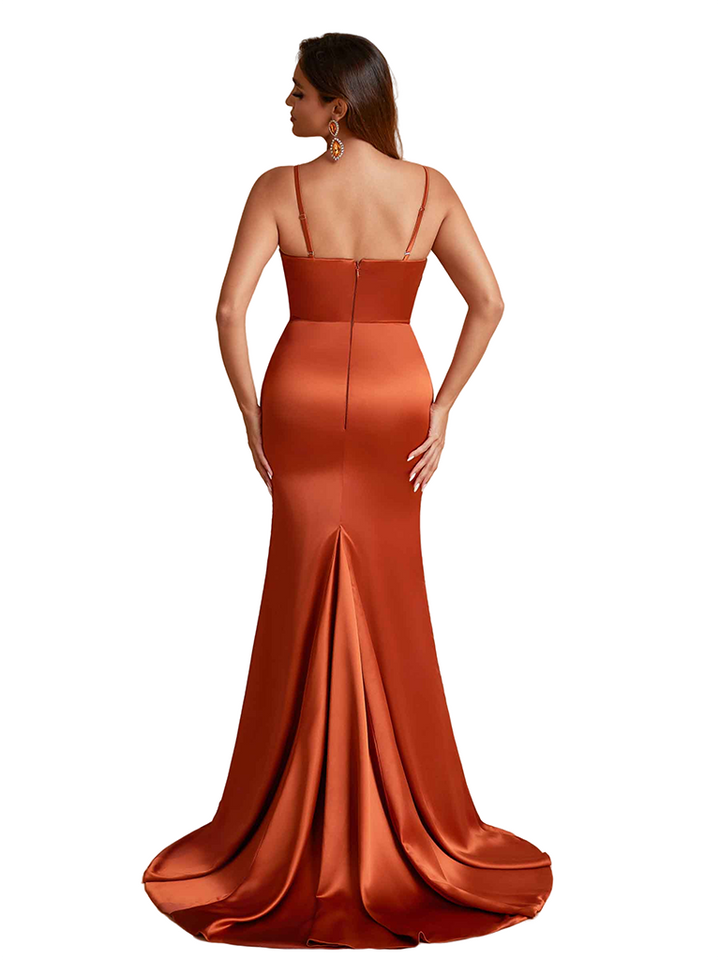 Sexy Mermaid Silky Satin Long Bridesmaid Dresses Spaghetti Straps Side Split