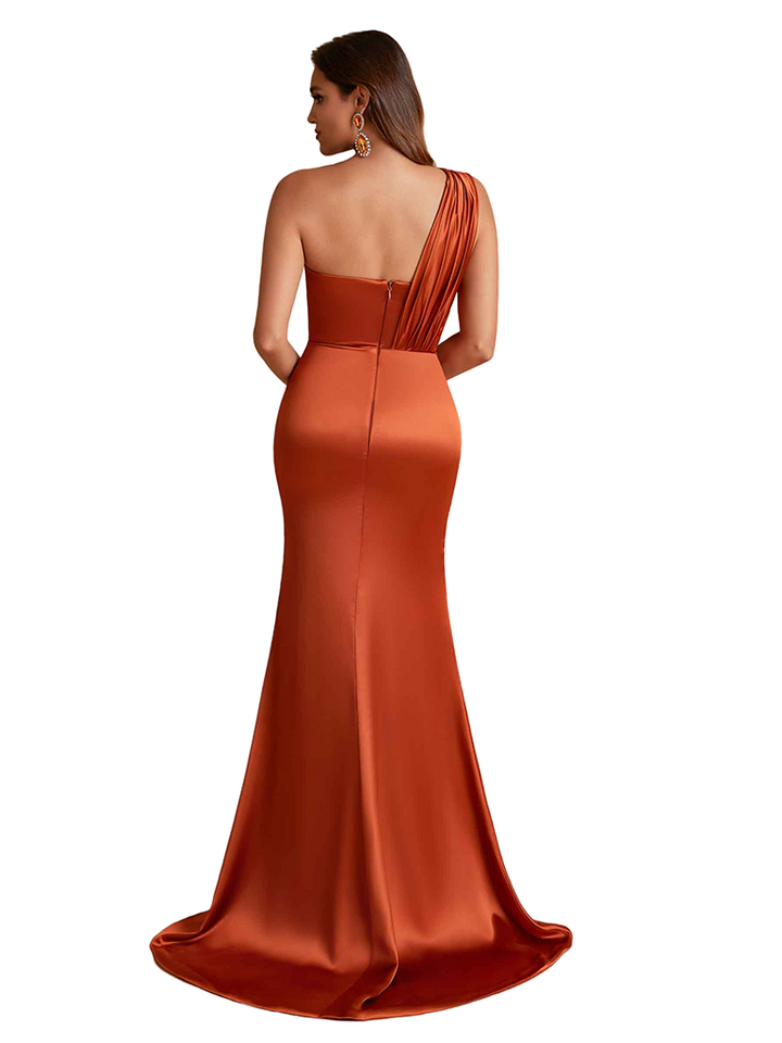 Sexy One Shoulder Mermaid Silky Satin Long Bridesmaid Dresses Side Split