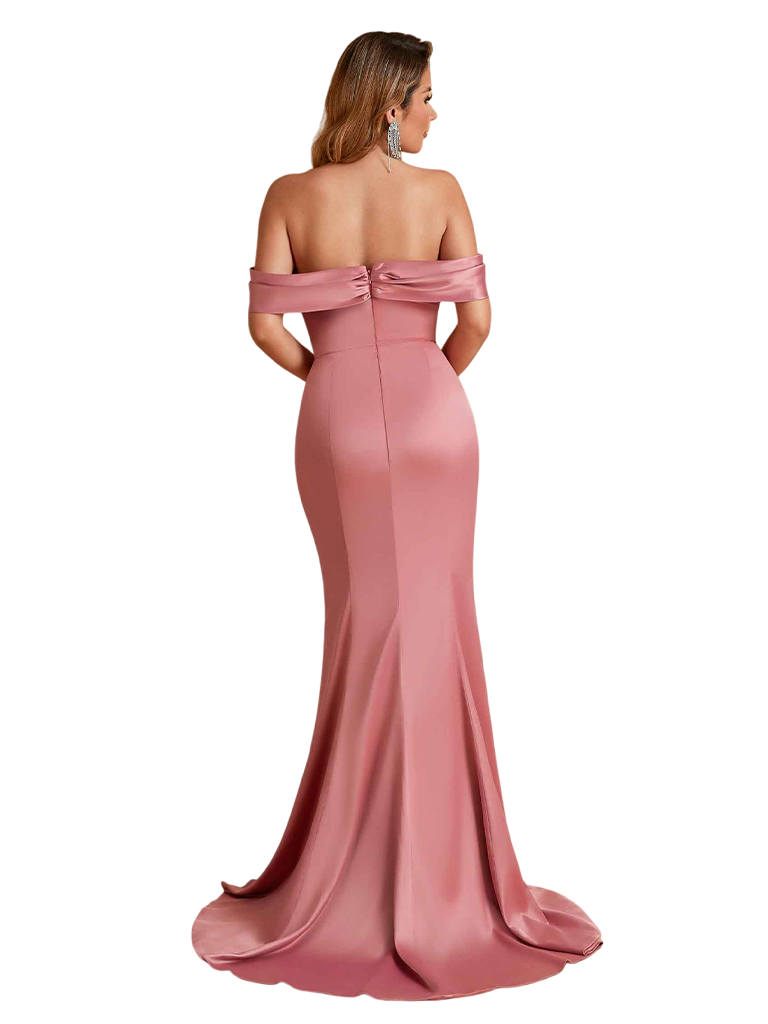 Sexy Off Shoulder Mermaid Side Slit Silky Satin Long Bridesmaid Dresses