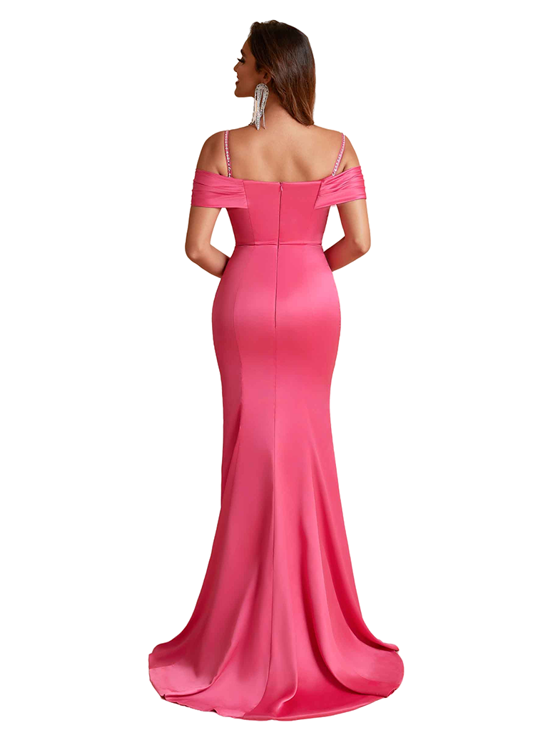 Elegant Cold Shoulder Mermaid Ruched Satin Long Bridesmaid Dresses Online Side Split