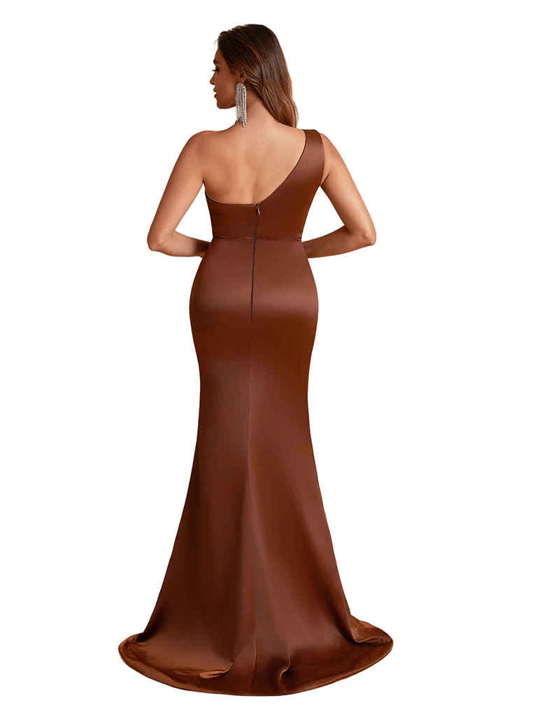 Elegant One Shoulder Silky Satin Mermaid Long Bridesmaid Dresses Side Slit