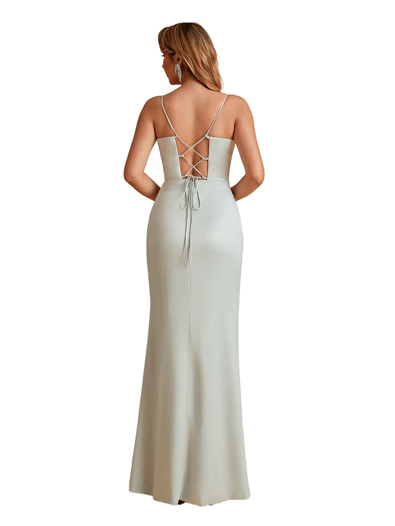 Unique Soft Satin Mermaid Spaghetti Straps Side Slit Long Bridesmaid Dresses Online