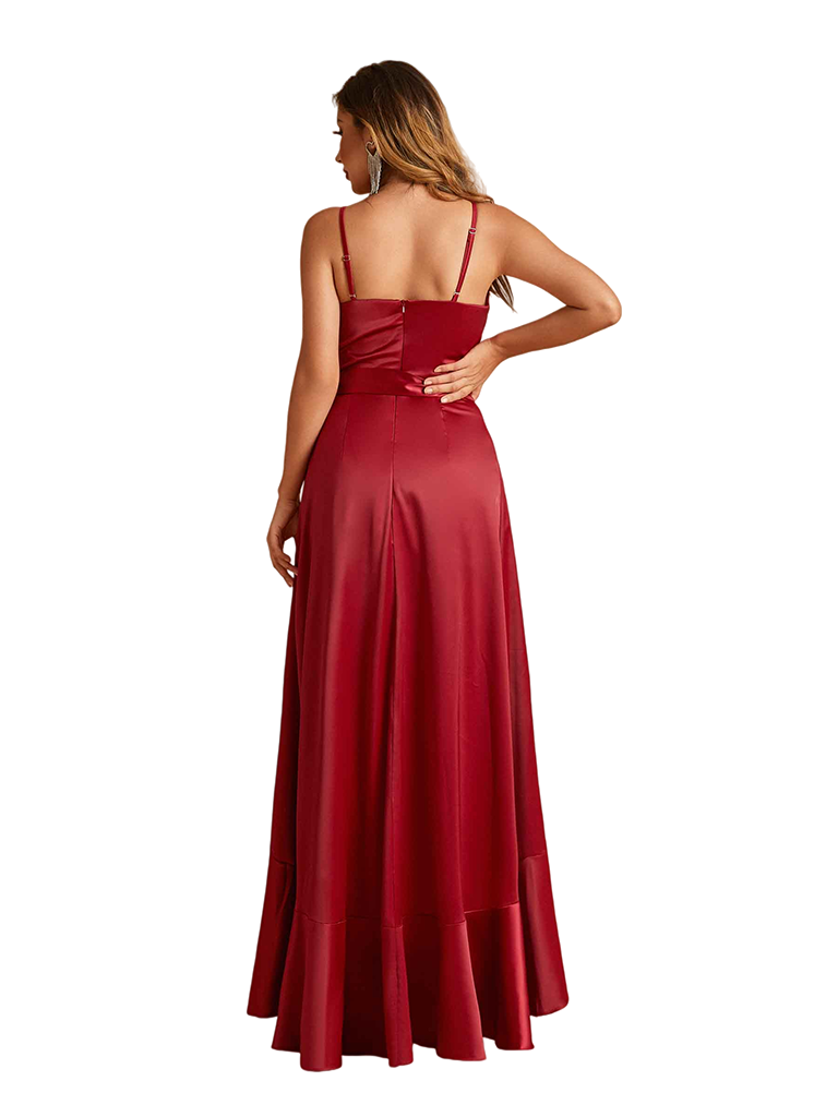 Sexy V-Neck Spaghetti Straps A-Line High Low Soft Satin Long Bridesmaid Dresses