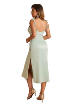 Sexy Spaghetti Straps Mermaid Side Slit Soft Satin Midi Bridesmaid Dresses