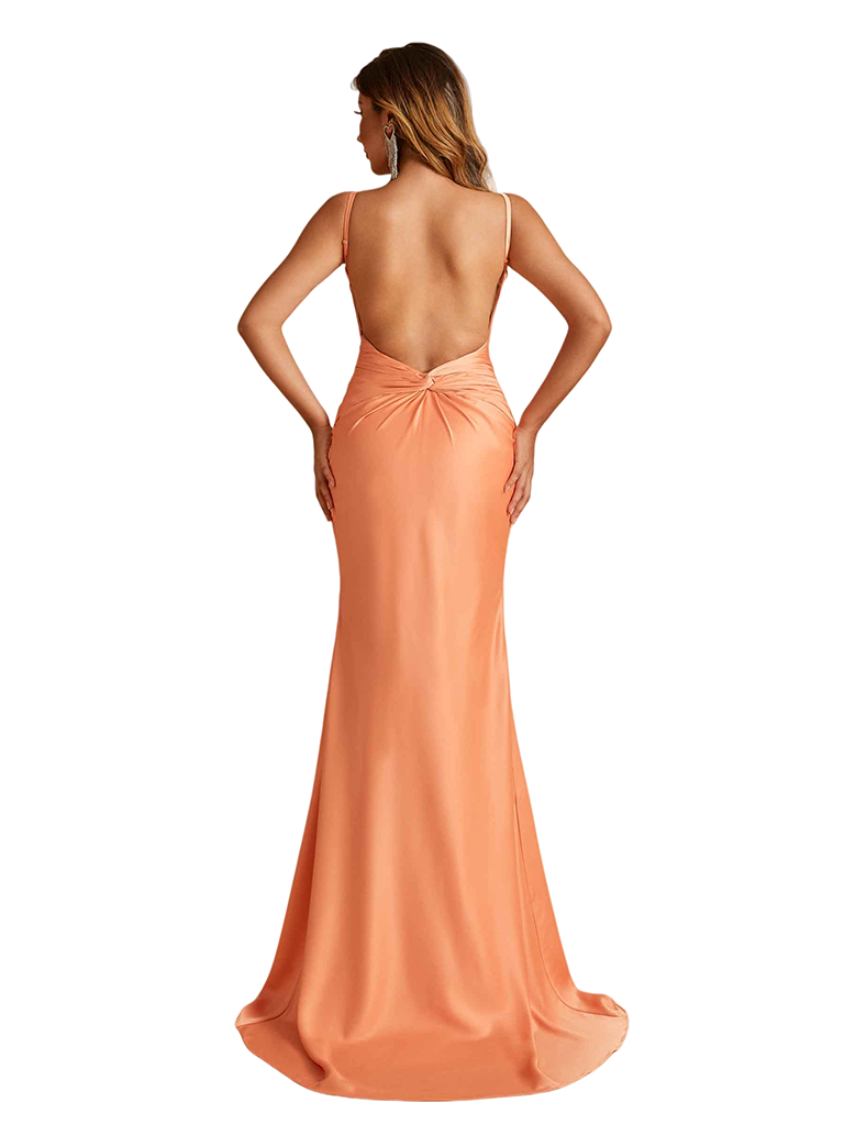 Simple V-Neck Spaghetti Straps Open Back Mermaid Soft Satin Long Bridesmaid Dresses