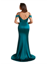 Sexy Cold Shoulder Ruched Silky Satin Side Split Mermaid Long Bridesmaid Dresses