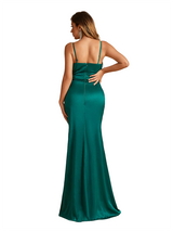 Sexy Spaghetti Straps Side Slit Mermaid Soft Satin Ruched Floor-Length Bridesmaid Dresses