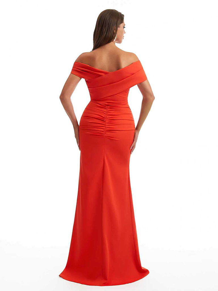 Sexy Off The Shoulder Mermaid Side Slit Stretchy Crepe Long Bridesmaid Dresses