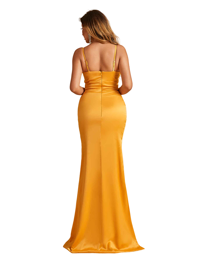 Elegant Spaghetti Straps V-Neck Side Slit Mermaid Soft Satin Floor-Length Bridesmaid Dresses