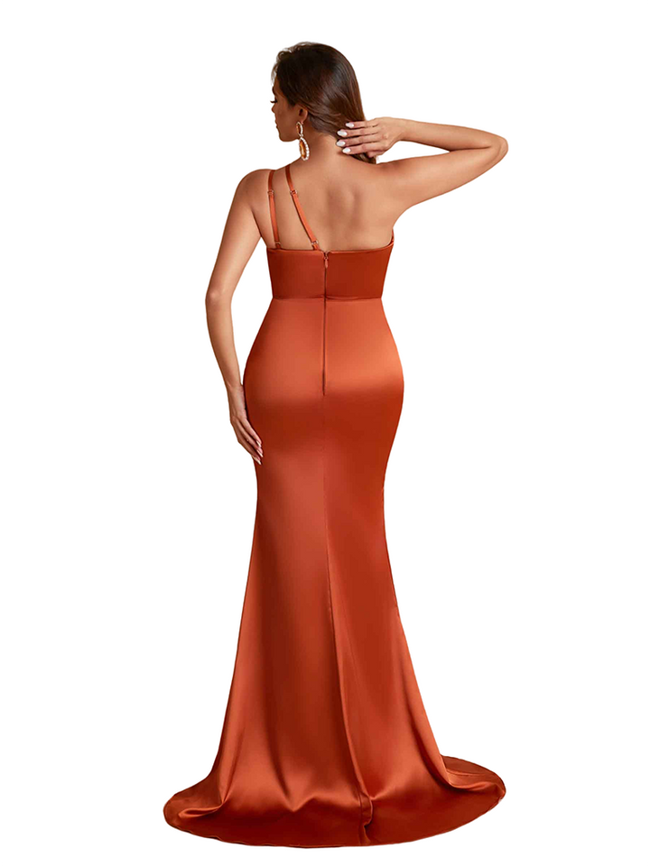 Modern One Shoulder Mermaid Ruched Satin Pretty Long Bridesmaid Dresses Side Split