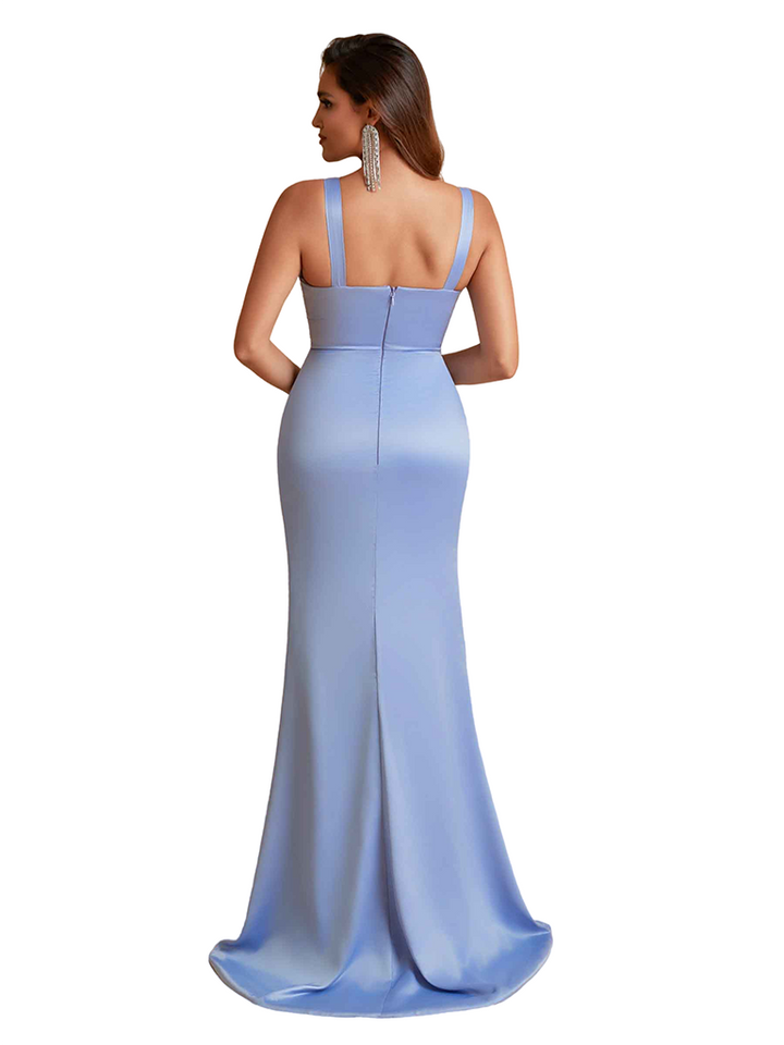 Sexy Spaghetti Straps Mermaid Soft Satin Unique Long Bridesmaid Dresses Side Slit