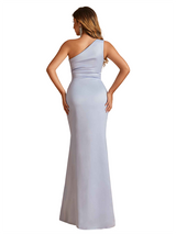 Sexy One Shoulder Side Slit Ruched Mermaid Soft Satin Long Bridesmaid Dresses Online
