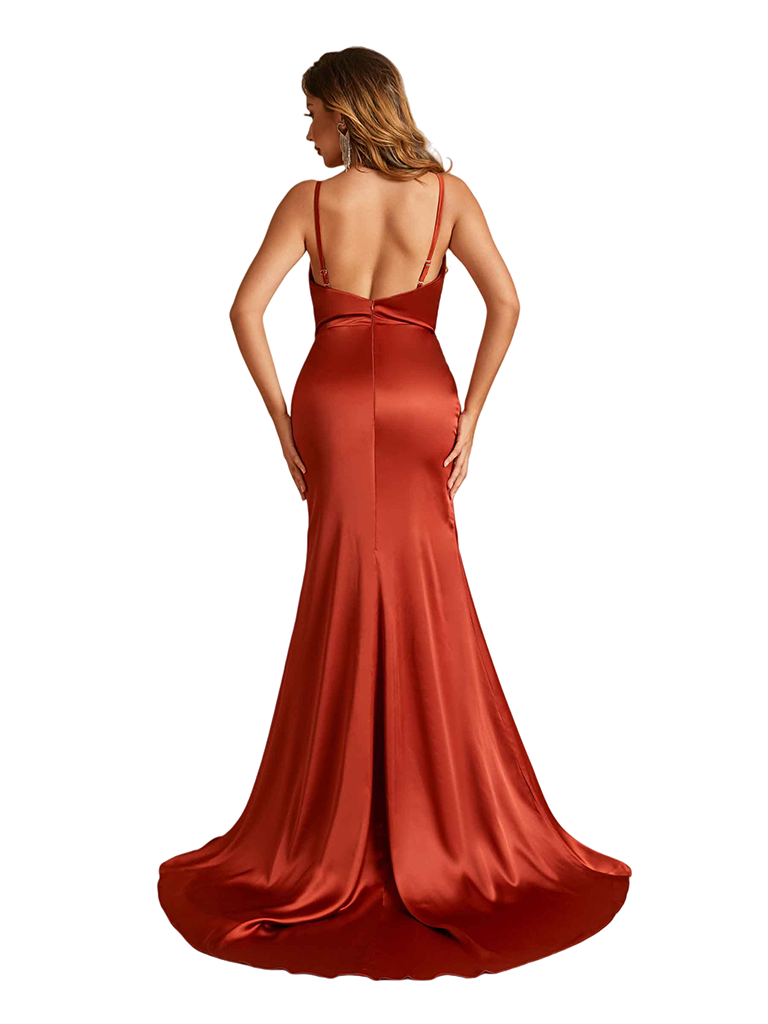 Elegant V-Neck Spaghetti Straps Side Slit Mermaid Soft Satin Long Bridesmaid Dresses Online