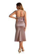 Sexy Mermaid Spaghetti Straps Side Slit Soft Satin Midi Bridesmaid Dresses