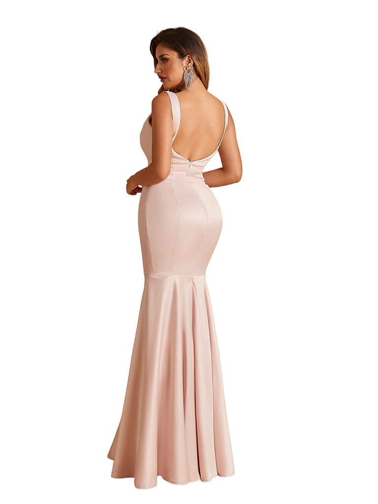 Sexy Deep V-Neck Mermaid Soft Satin Open Back Long Bridesmaid Dresses