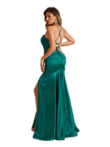 Sexy Mermaid Spaghetti Straps Side Slit Ruched Soft Satin Pretty Long Bridesmaid Dresses