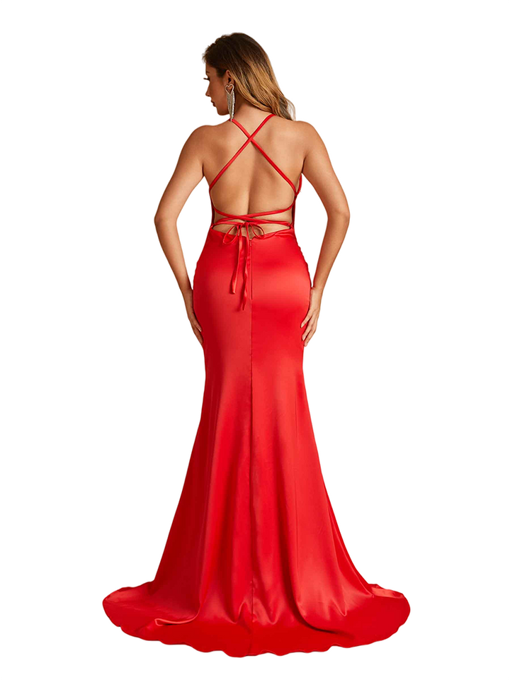 Sexy Spaghetti Straps Criss Cross Mermaid Soft Satin Long Bridesmaid Dresses