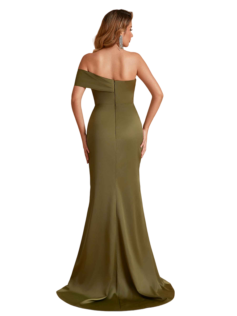 Sexy Silky Satin One Shoulder Mermaid Side Slit Ruched Long Bridesmaid Dresses